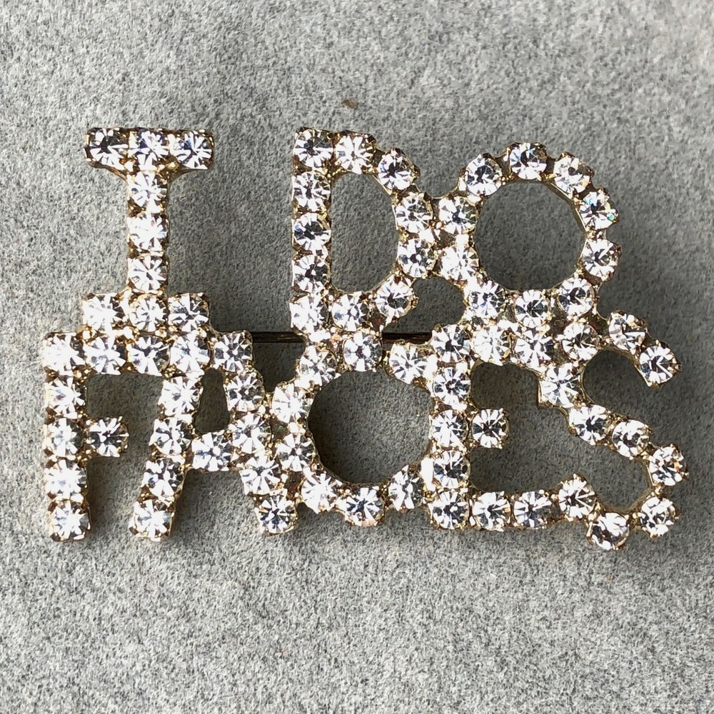 Vintage Brooch I DO FACES Gold Tone Clear Rhinestone Statement Makeup Artist Pin